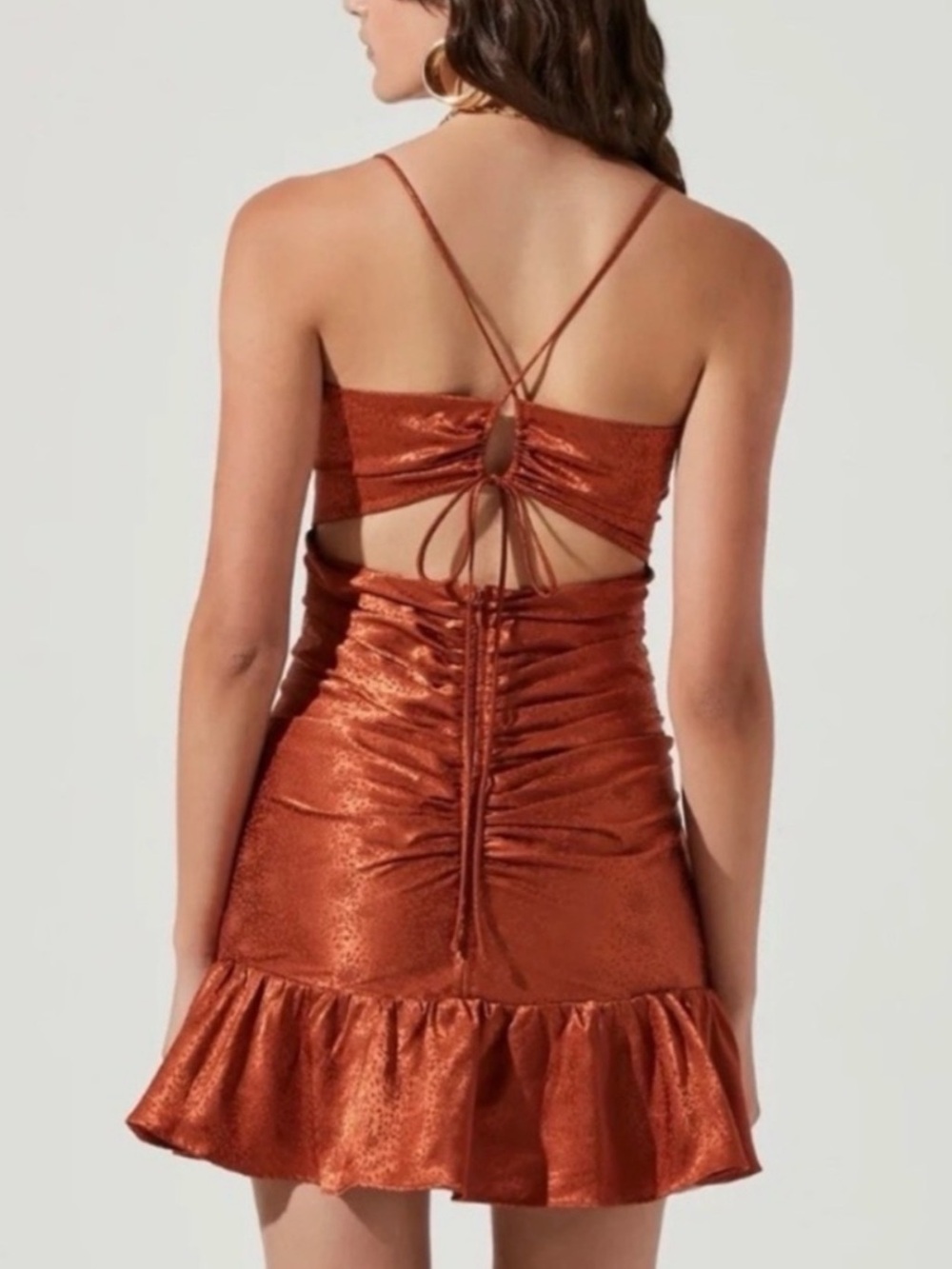 ASTR The Label Rust Ruched Bodycon Mini Dress Open Back Ruffle Hem L - Picture 2 of 11
